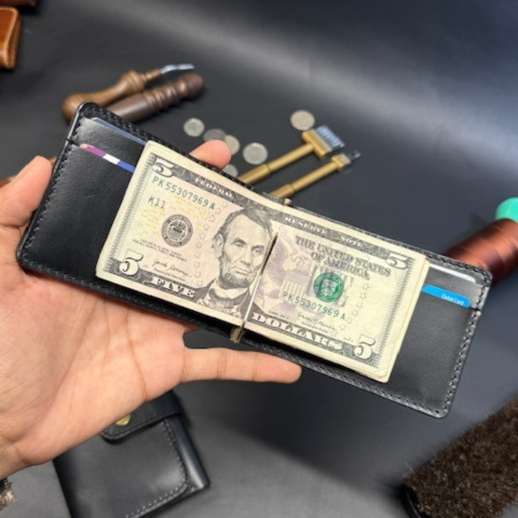 Classic Black Leather Bi-Fold Wallet/ Money Clip