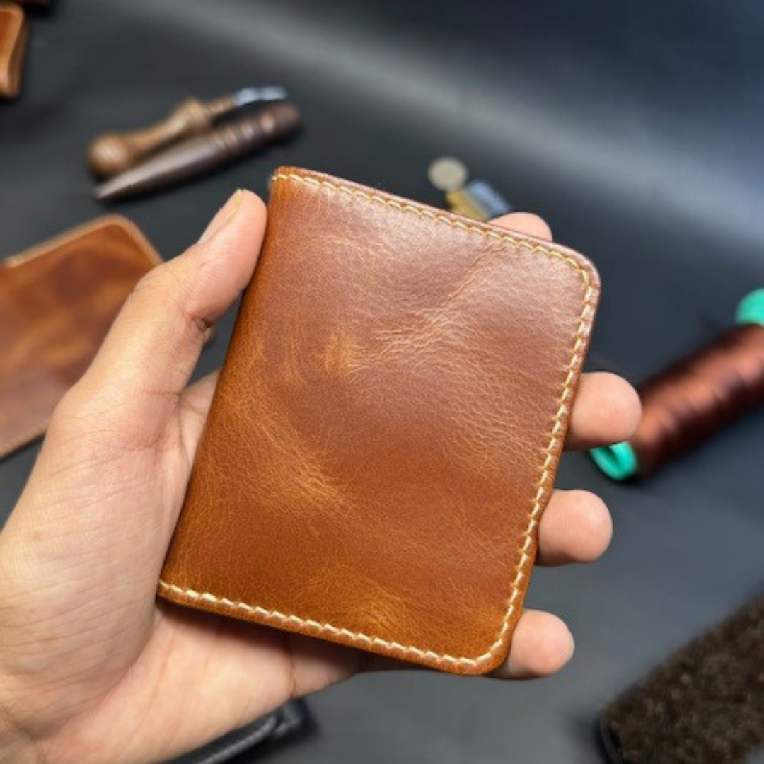 Vintage Bi-Fold Leather Slim Card Holder with invisible cash compartment