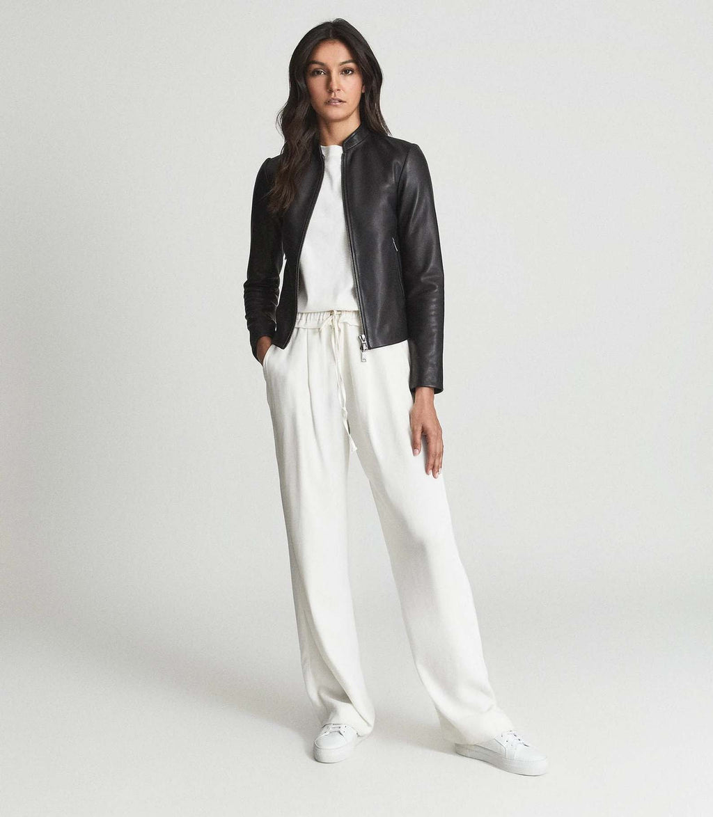 Noir Luxe Women’s Leather Coat with Fur Trim