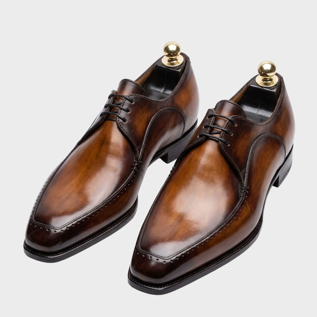 Men’s Hand-Patina Brown Leather Derby Shoes – Norwegian Split-Toe Dress Shoes