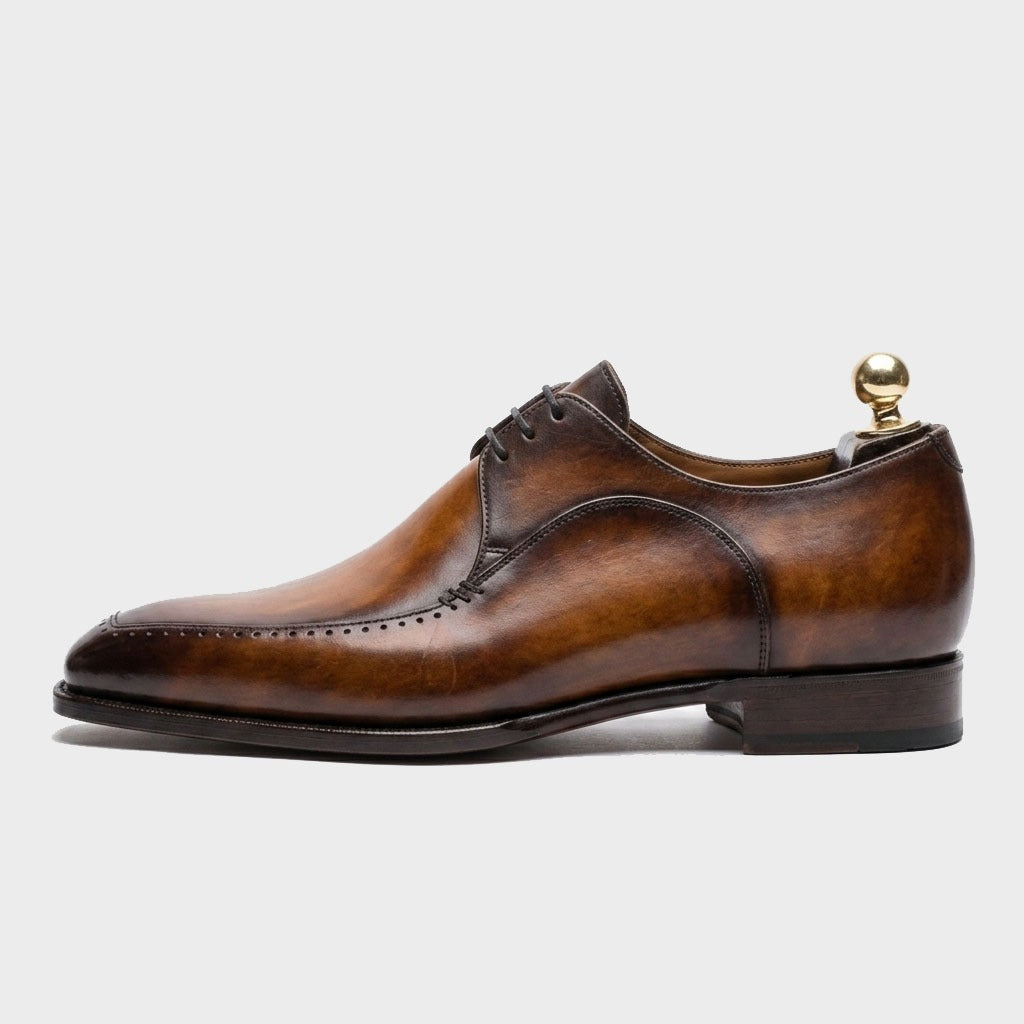 Men’s Hand-Patina Brown Leather Derby Shoes – Norwegian Split-Toe Dress Shoes