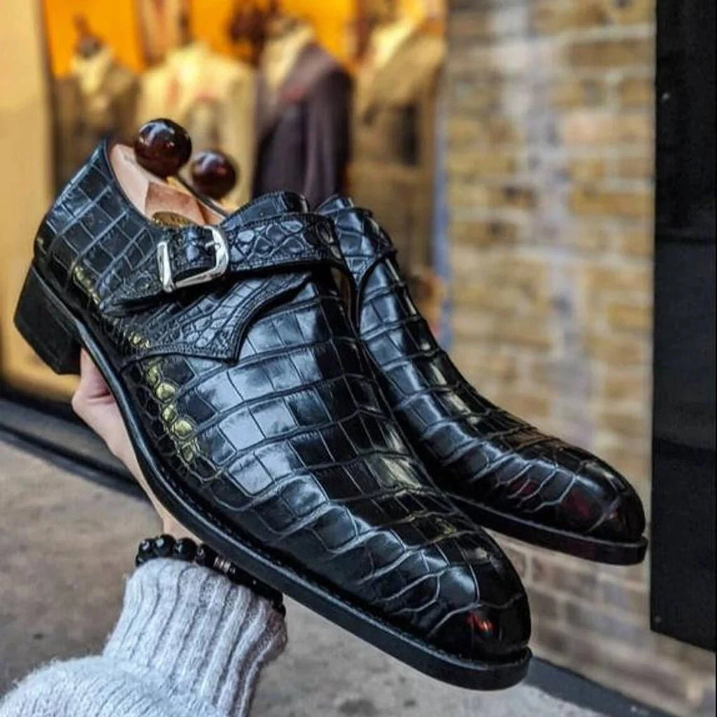 Onyx Croc-Embossed Single Monk Strap Shoes