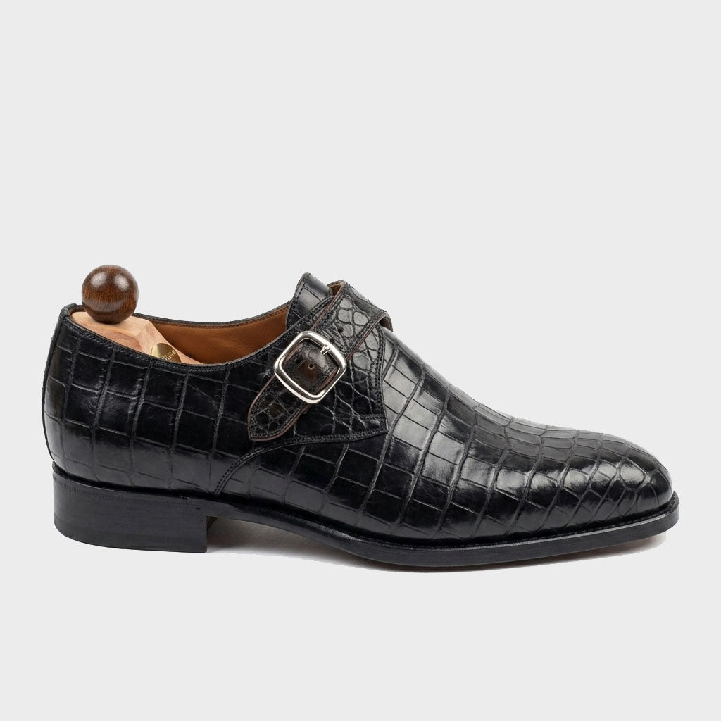 Black Croc Pattern Monk Strap Dress Shoes