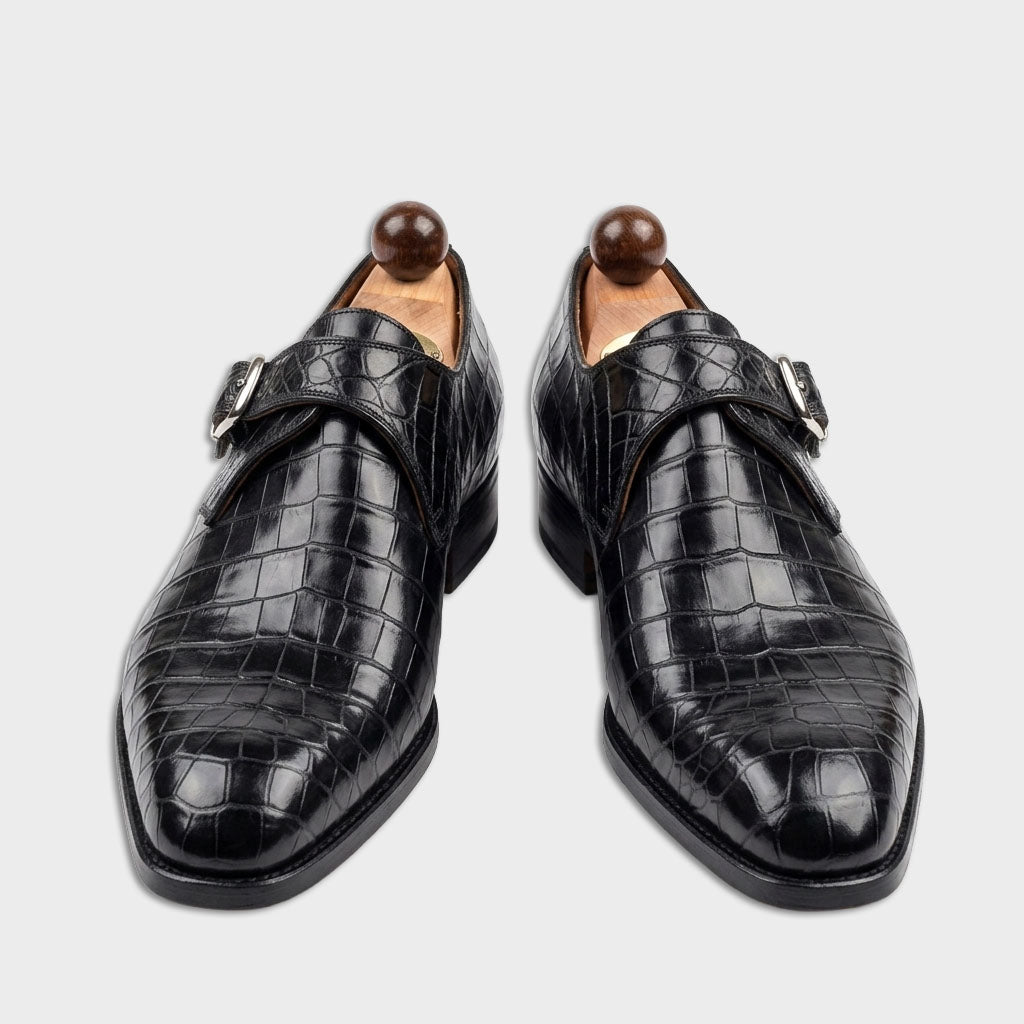 Black Croc Pattern Monk Strap Dress Shoes