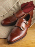 Cognac Leather Double Monk Strap Cap Toe Shoes
