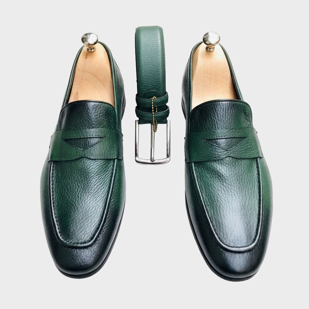 Verdant Forest Pebble-Grain Penny Loafers & Belt Set