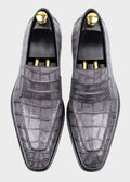 Slate Grey Crocodile-Embossed Penny Loafers