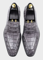 Slate Grey Crocodile-Embossed Penny Loafers