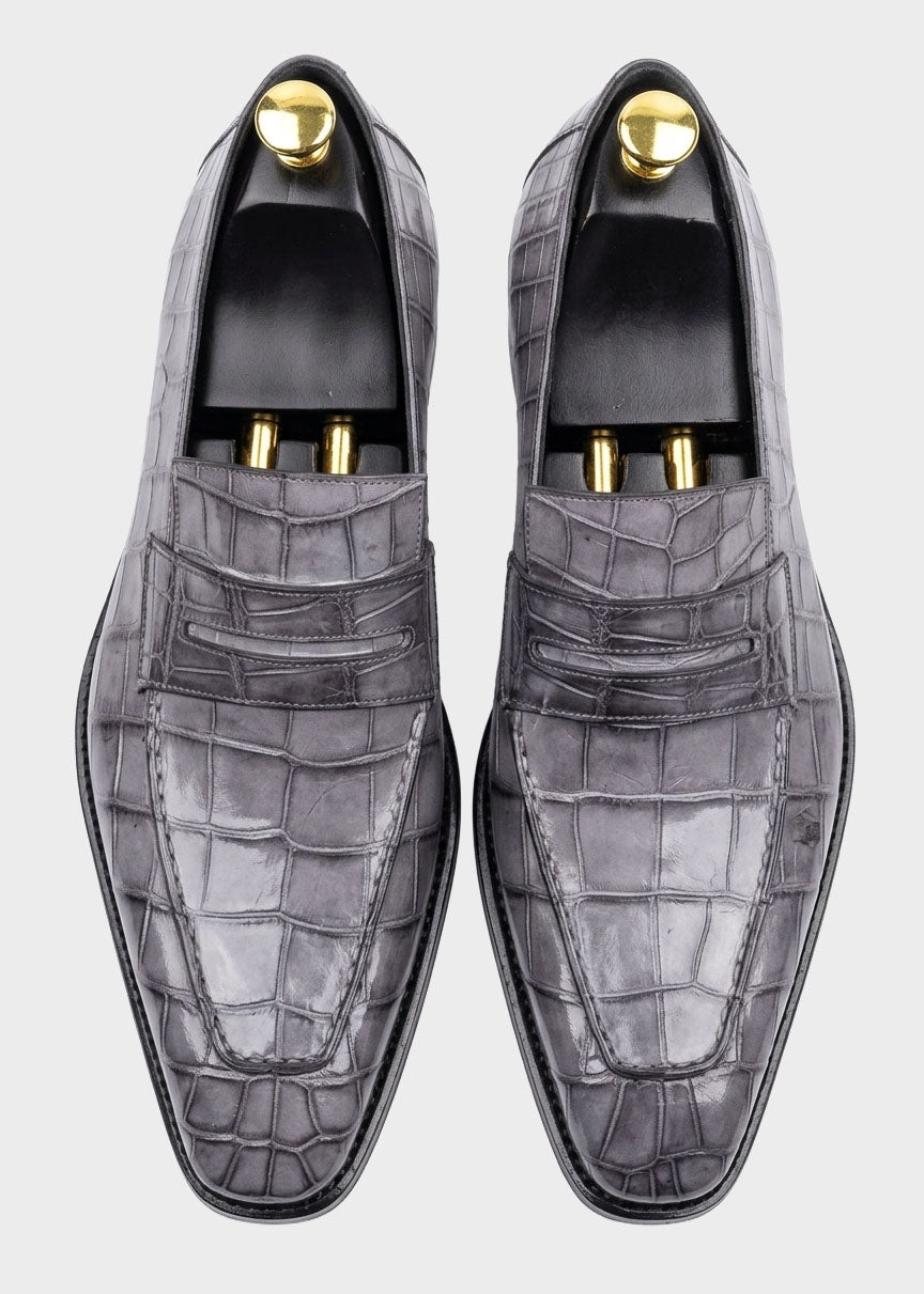 Slate Grey Crocodile-Embossed Penny Loafers