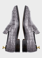 Slate Grey Crocodile-Embossed Penny Loafers