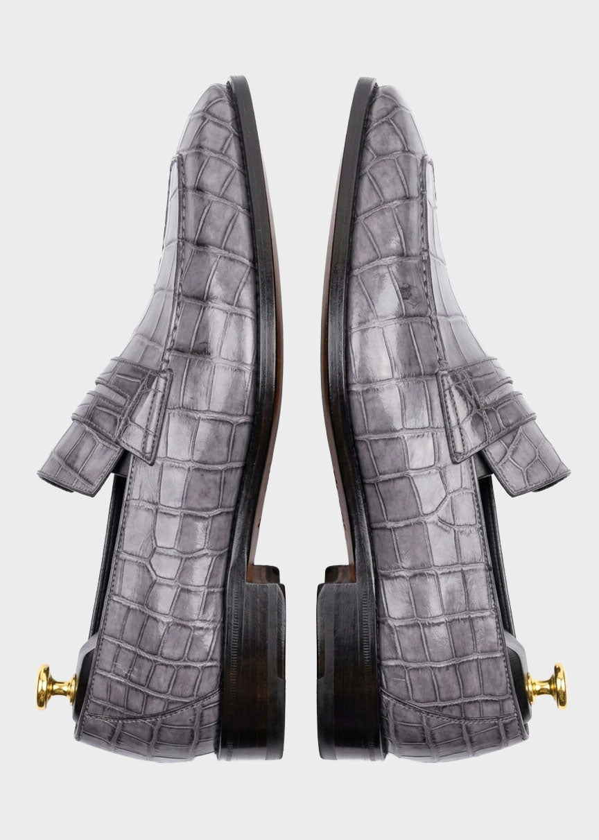 Slate Grey Crocodile-Embossed Penny Loafers