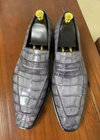 Slate Grey Crocodile-Embossed Penny Loafers