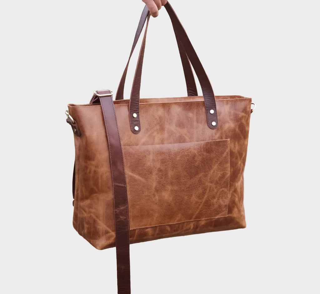 Crazy Horse Leather Tote Bag with Crossbody Strap