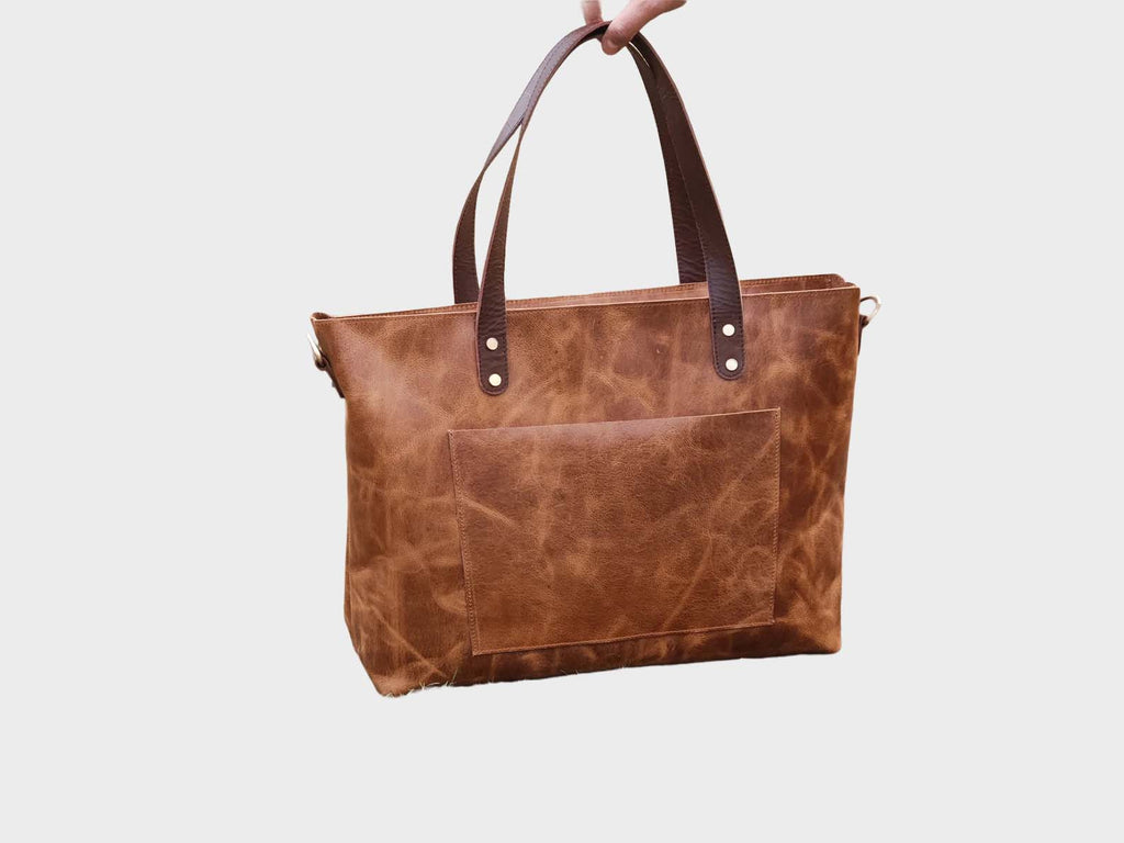 Crazy Horse Leather Tote Bag with Crossbody Strap